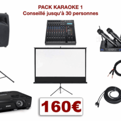 Pack karaoké 1. 1 table de mixage, 2 micros sans fil, 1 enceinte amplifiée sur pied, 1 video-projecteur, un écran
