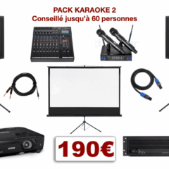 écran 2,40 de diagonale sur pied télescopique. 1 vidéoprojecteur. 1 console de mixage. 2 micros H-F, 1 ampli, 2 enceintes sur pied + câblage + Application karaoké.