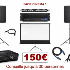 Pack vidéoprojecteur avec écran special conférence, mariage, projection scolaire. 1 écran 2,00 m x 2,00 m sur pied télescopique, 1 Vidéo-projecteur + câblage, 1 ampli avec processeur