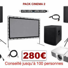 Pack vidéo projecteur avec écran spécial conférence, mariage, projection scolaire. 1 écran 3,30 m x 1,80 m sur structure, 1 Vidéo-projecteur + câblage, 1 caisson de basses, 2 enceintes.