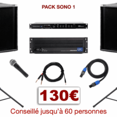 Pack sono special mariage, anniversaire, soirée dansante. Conseillé jusqu'à 60 personnes. 1 lecteur multimédia avec entrée micro, entrée ligne stéréo et lecteur USB, 1 ampli, 2 enceintes x 250 w, 1 micro, câblage.