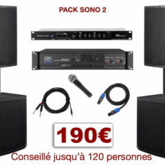 Pack sono special mariage, anniversaire, soirée dansante. 1 lecteur multimédia, 1 ampli 2x450w, 2 caissons de basses, 2 enceintes, 1 micro, câblage.