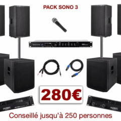 Pack sono special mariage, anniversaire, soirée dansante. 1 lecteur multimedia, 2 amplis, 4 enceintes + 4 caissons de basses, 1 micro, câblage.